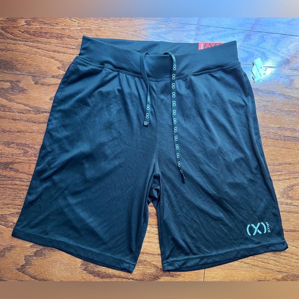 NWT 2xist Black Athletic Drawstring Shorts with Teal Logo